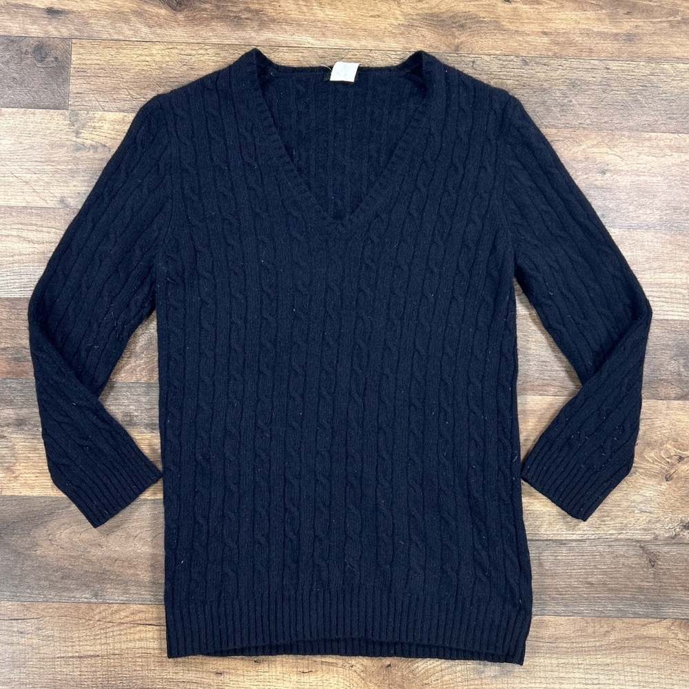 J Crew Womens Sweater Large Blue Cable Knit V Neck, Shrunk Fits Like a Small
